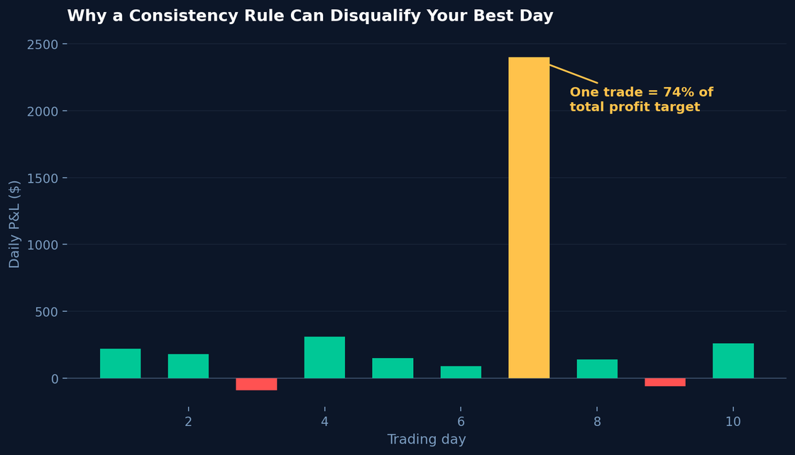 Bar chart showing one large profitable day among smaller days, illustrating the consistency rule problem