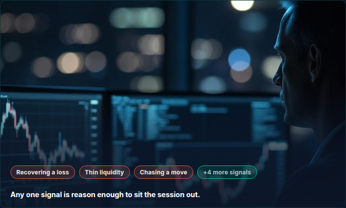 Trader at a dual-monitor desk late at night, pausing before a session, city lights in the background