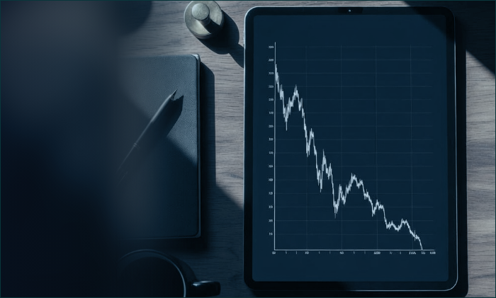 Tablet on a desk in morning light showing a chart that falls steeply, beside a notebook, a pen and a cup of coffee