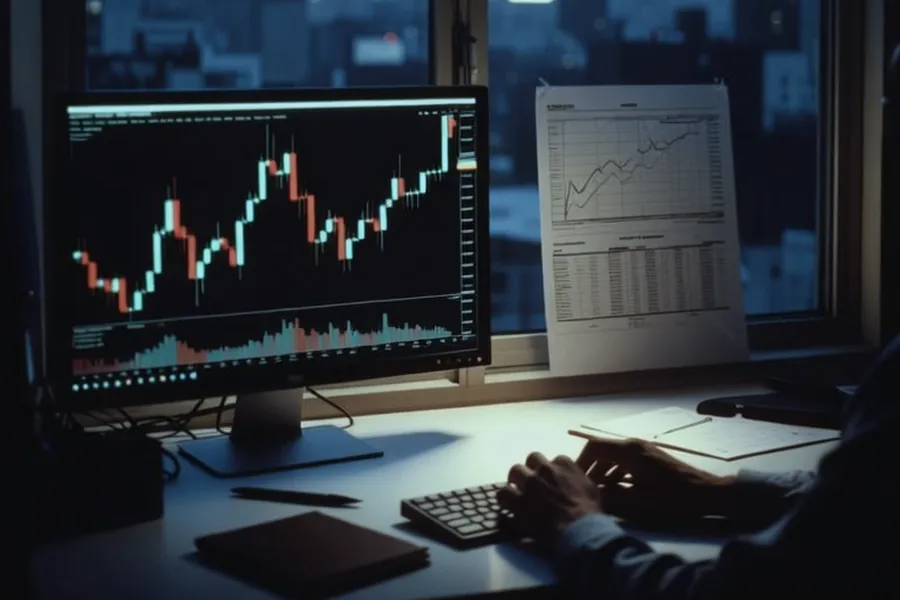 A quiet desk beside a window at dawn, with a monitor showing a calm chart, a printed plan pinned beside the screen and hands resting near the keyboard
