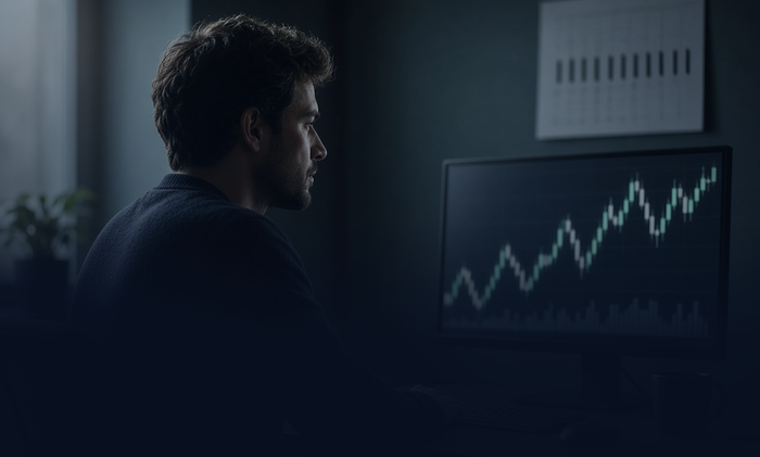 A trader sits at a tidy desk watching a calm chart, with a calendar of tick marks on the wall behind him
