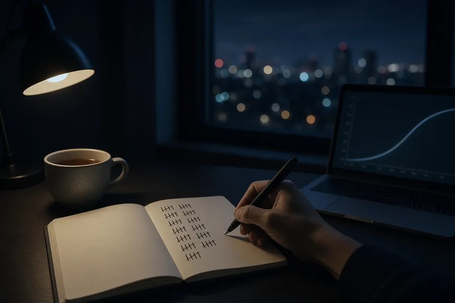 A notebook with rows of tick marks open under a desk lamp at night, a hand holding a pen, a laptop and a cup of tea, with city lights through the window