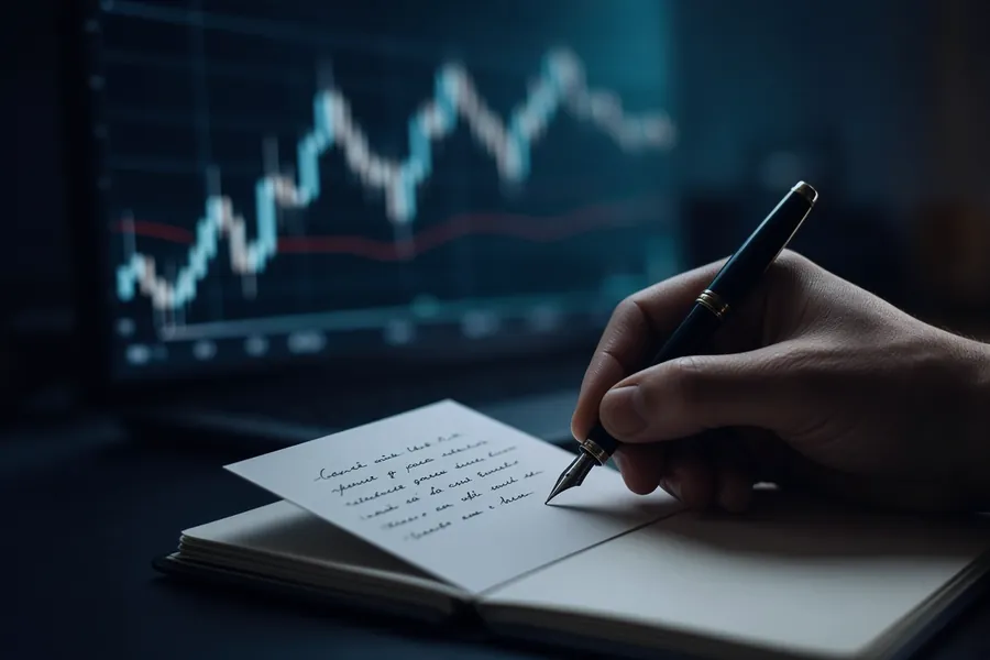 A hand writes a short rule on a white index card with a fountain pen, with a blurred candlestick chart glowing on a monitor behind