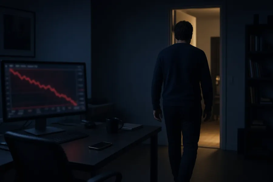 A trader in a dark jumper walks out of a dim office towards a lit doorway, leaving a phone face down on the desk beside a monitor showing a falling red chart