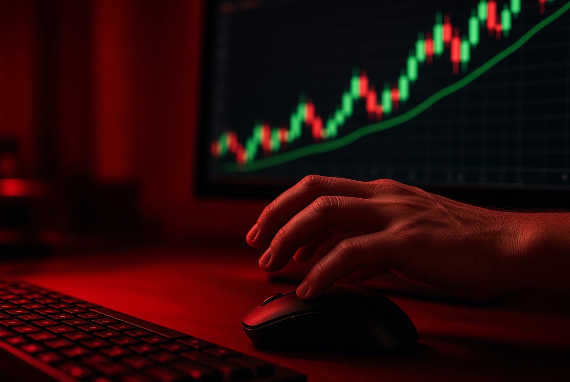 A hand hesitating over a computer mouse lit in red, with a chart on the monitor behind it mixing red and green candles