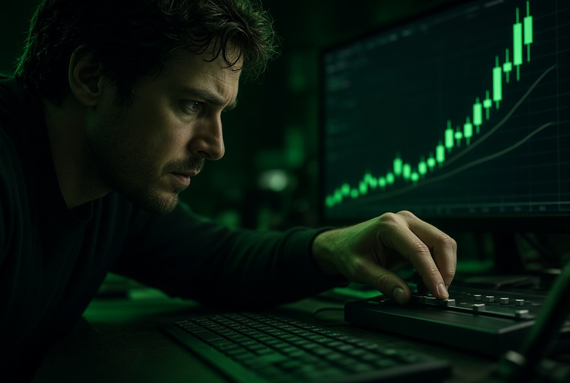 A man leaning toward a control panel of dials lit in green, with a steeply rising green candlestick chart glowing on the monitor behind him