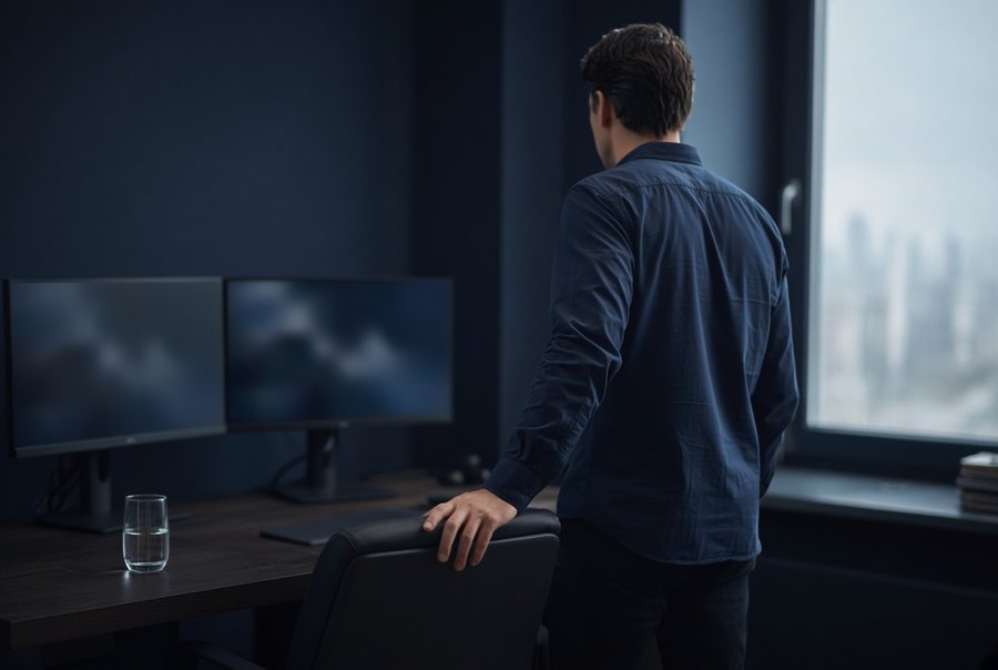 A trader standing up from his desk and looking out of a window, one hand resting on his chair, with two dimmed monitors and a glass of water on the desk