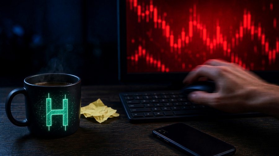 A hand clicking a computer mouse fast with motion blur, beside a steaming mug, a crumpled yellow note and a phone, with a red falling chart glowing on the monitor behind