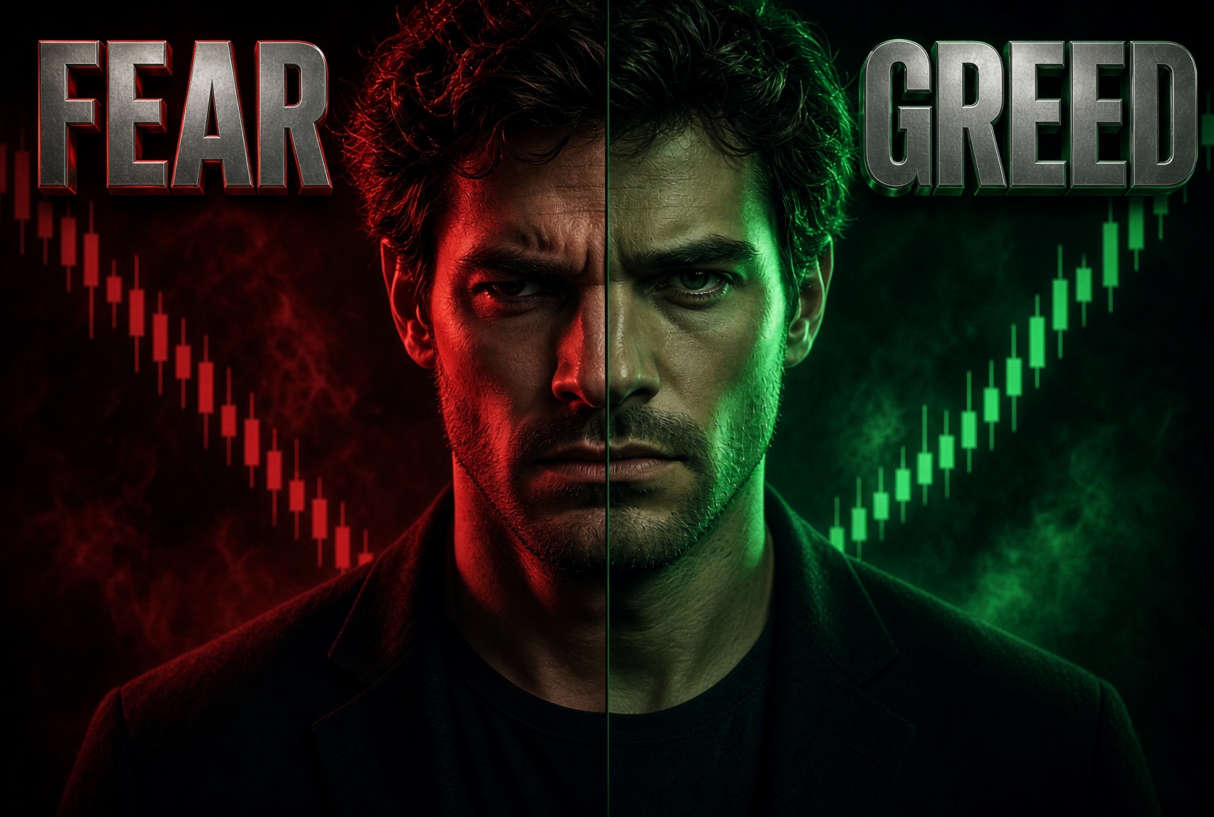A split portrait divided in two, the left half lit red beside the word FEAR and a falling red candlestick chart, the right half lit green beside the word GREED and a rising green candlestick chart
