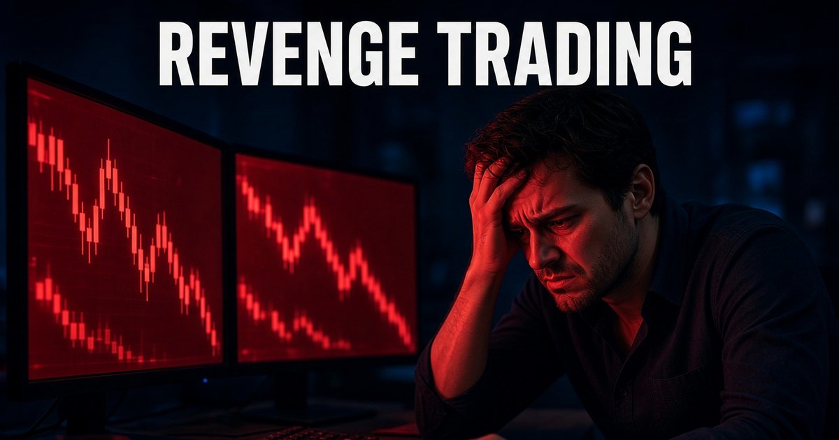 A frustrated trader at a dark desk with his hand on his forehead, two monitors glowing red with falling candlestick charts, under the words REVENGE TRADING