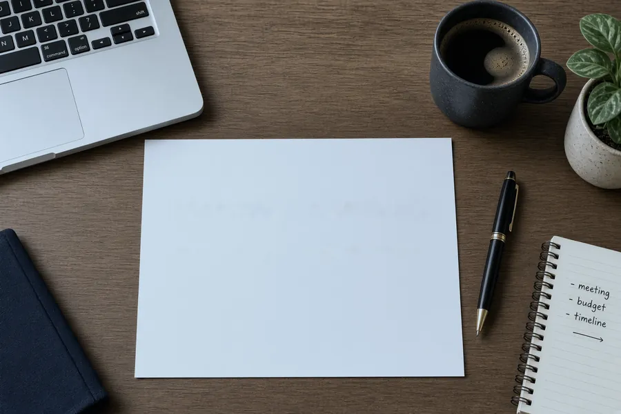An overhead view of a desk with a blank sheet of paper, a pen, a notebook, a laptop and a coffee cup